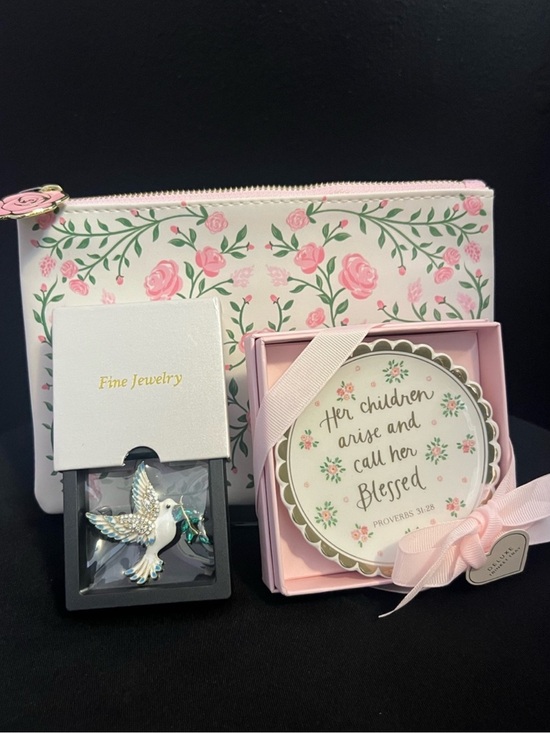 Original Deluxe Accessories - Bundle Rose Scripture Trinket Tray and Rose Print Pouch Set , Dove Brooch
